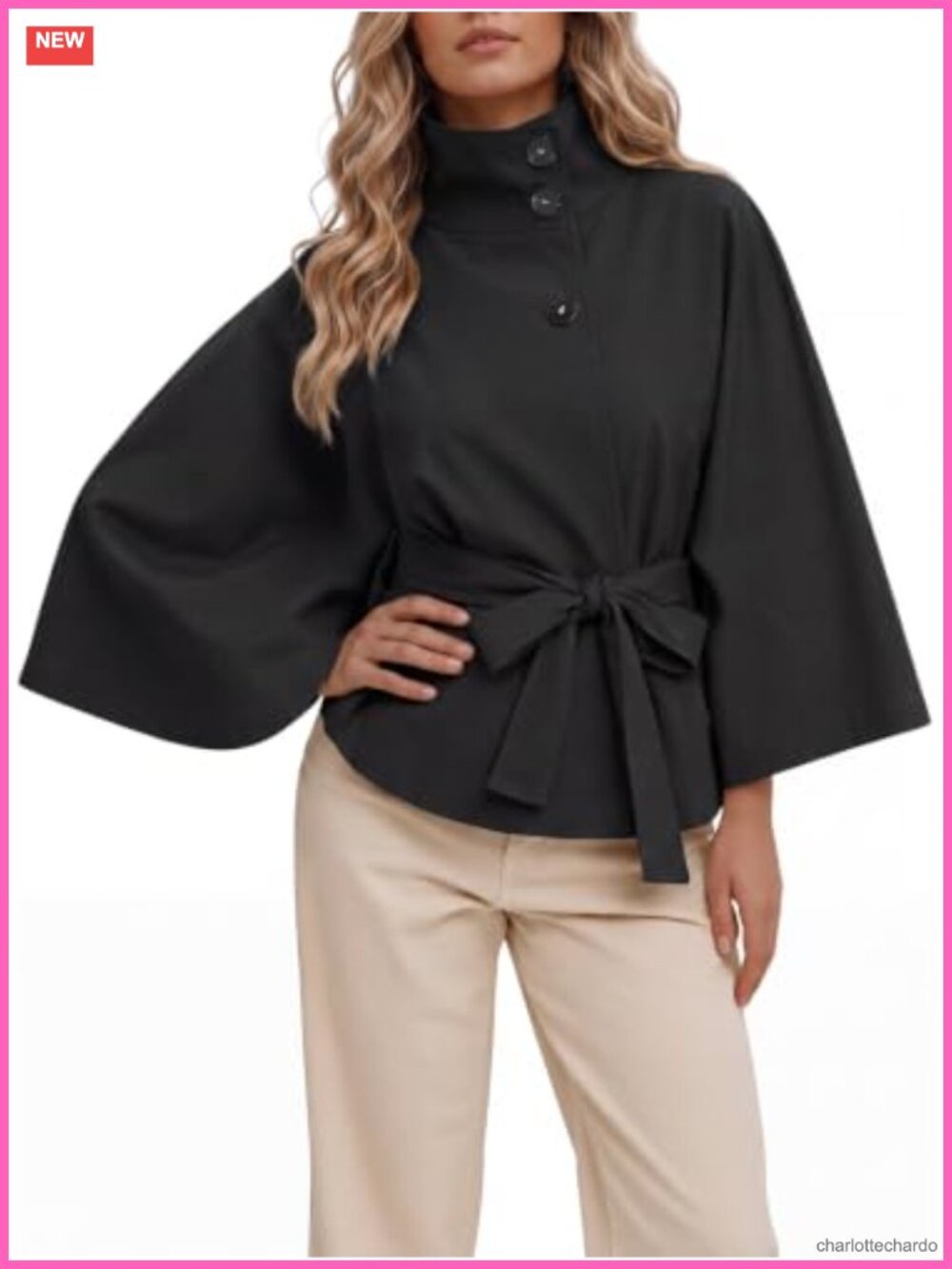 Cropped Cape Sleeve Trench Coat with Stand Collar and Belt